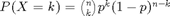 $P(X=k) = {n \choose k}p^k(1-p)^{n-k}$